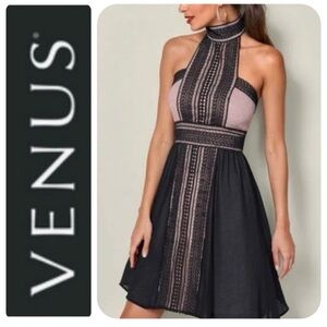 E 🆕 NWT Venus Womens A-Line Color Block Halter Neck Lace Trim Dress, Large